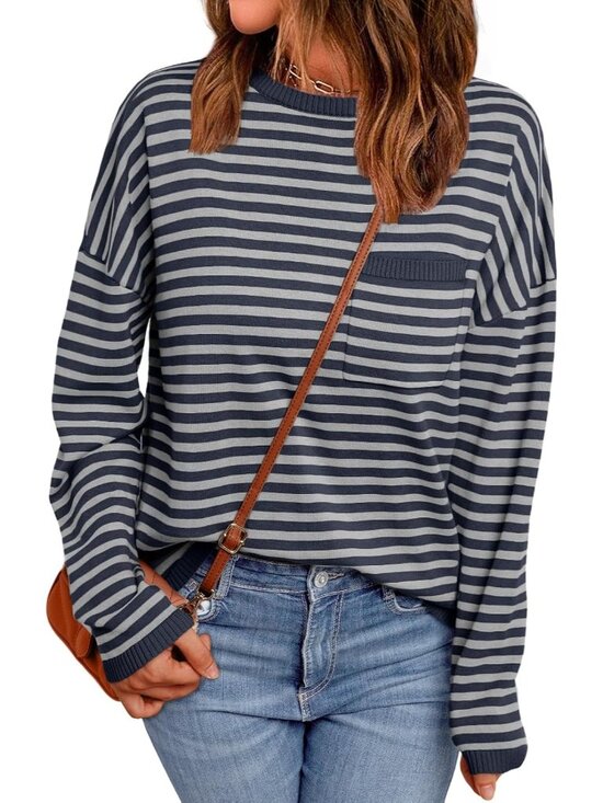 Sweaters - Womens Grey Striped Ribbed Cuff Oversized Crew Neck Long Sleeve Pullover Sweater
